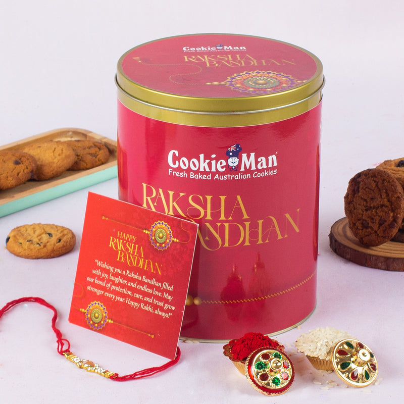 Rakhi Red Gift Tin 600g - Assorted Cookies (5 Flavours) with Rakhi, Roli Tilak Set & Greeting Card