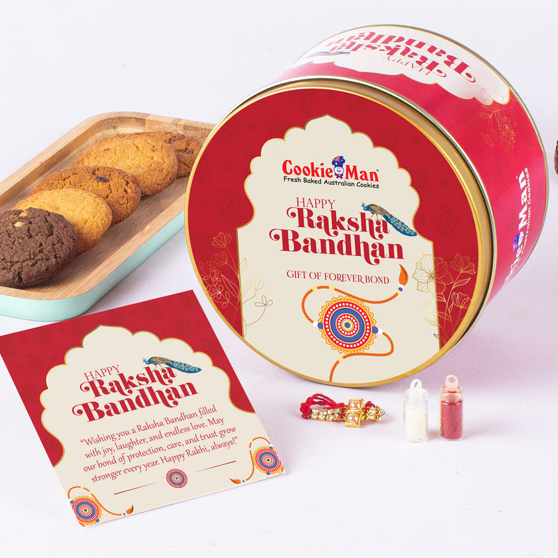 Rakhi Peacock Gift Tin - 300g Assorted Cookies  (5 Flavours) with Rakhi, Roli Tilak Set & Greeting Card