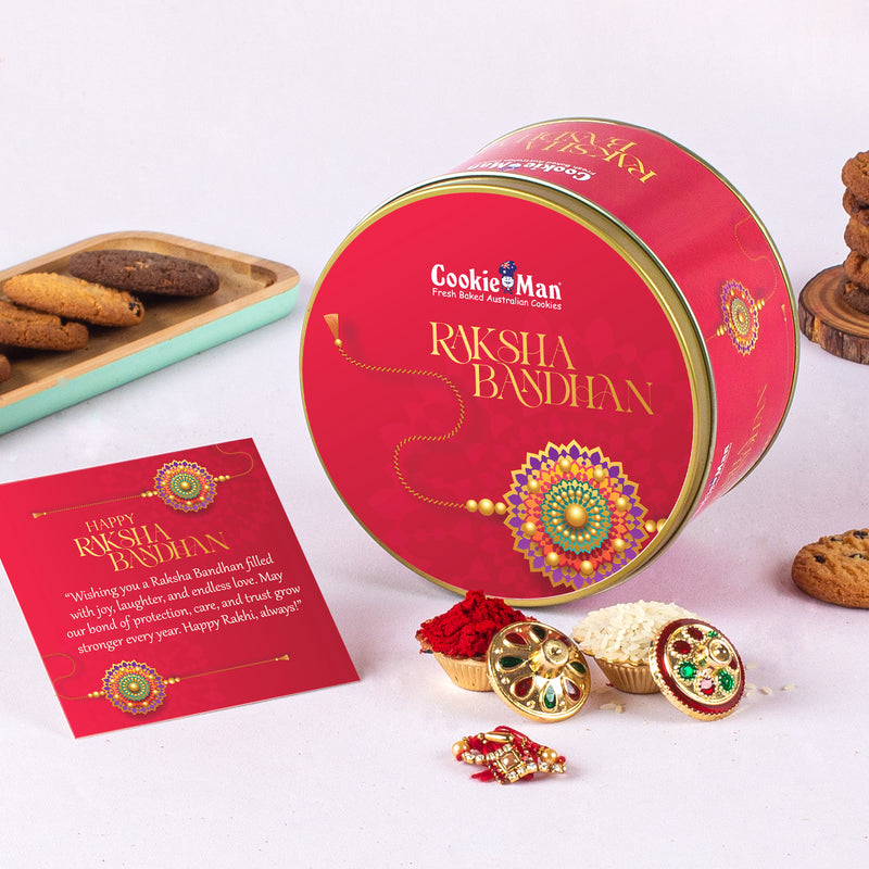 Rakhi Red Gift Tin 300g - Assorted Cookies (5 Flavours) with Rakhi, Roli Tilak Set & Greeting Card
