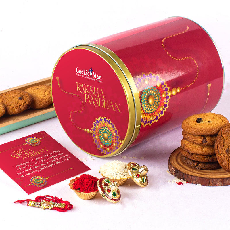 Rakhi Red Gift Tin 600g - Assorted Cookies (5 Flavours) with Rakhi, Roli Tilak Set & Greeting Card
