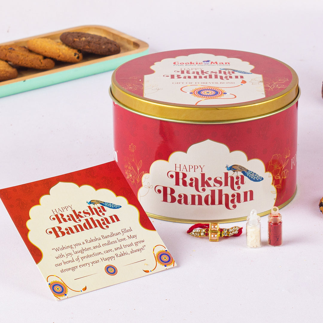 Rakhi Peacock Gift Tin - 300g Assorted Cookies  (5 Flavours) with Rakhi, Roli Tilak Set &amp; Greeting Card