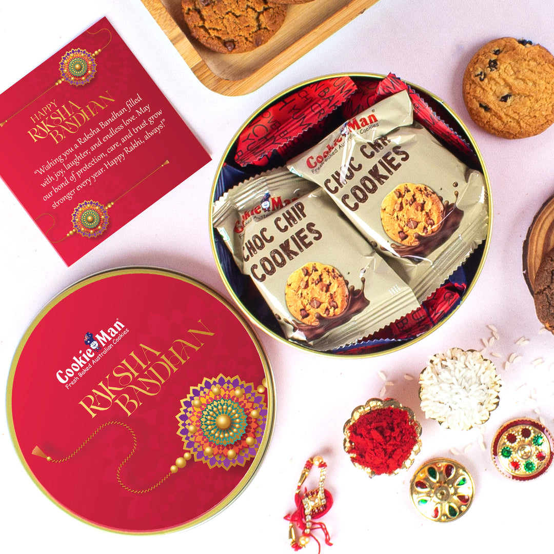 Rakhi Red Gift Tin 300g - Assorted Cookies (5 Flavours) with Rakhi, Roli Tilak Set &amp; Greeting Card