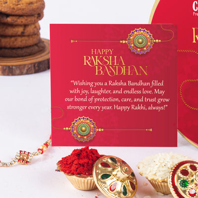 Rakhi Red Gift Tin 300g - Assorted Cookies (5 Flavours) with Rakhi, Roli Tilak Set & Greeting Card