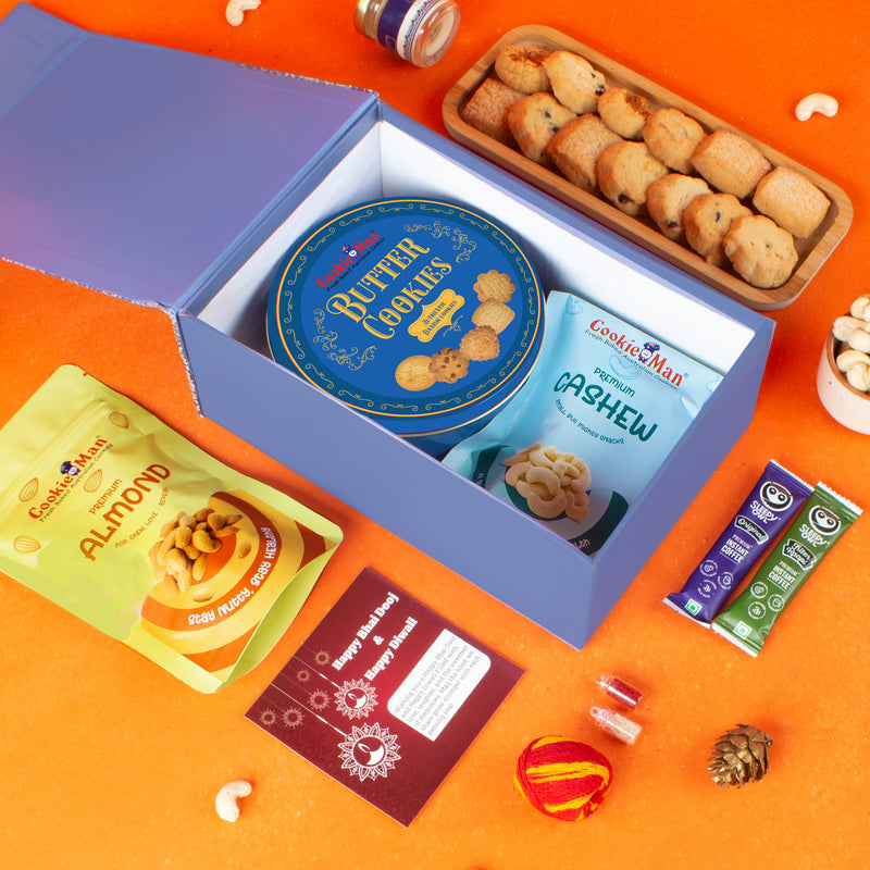 CookieMan Bhai Dooj Premium Blue Gift Set Hamper for Brother