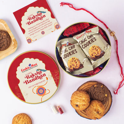Rakhi Peacock Gift Tin - 300g Assorted Cookies  (5 Flavours) with Rakhi, Roli Tilak Set & Greeting Card