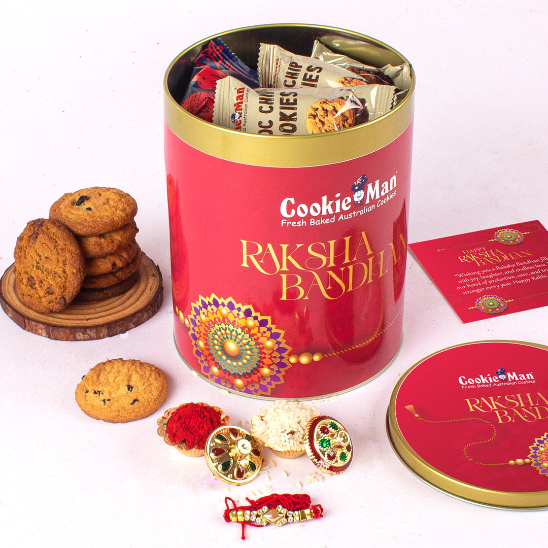 Rakhi Red Gift Tin 600g - Assorted Cookies (5 Flavours) with Rakhi, Roli Tilak Set &amp; Greeting Card