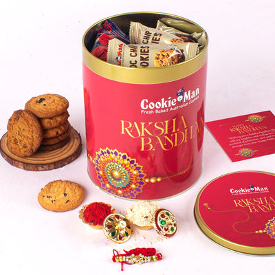 Rakhi Red Gift Tin 600g - Assorted Cookies (5 Flavours) with Rakhi, Roli Tilak Set & Greeting Card