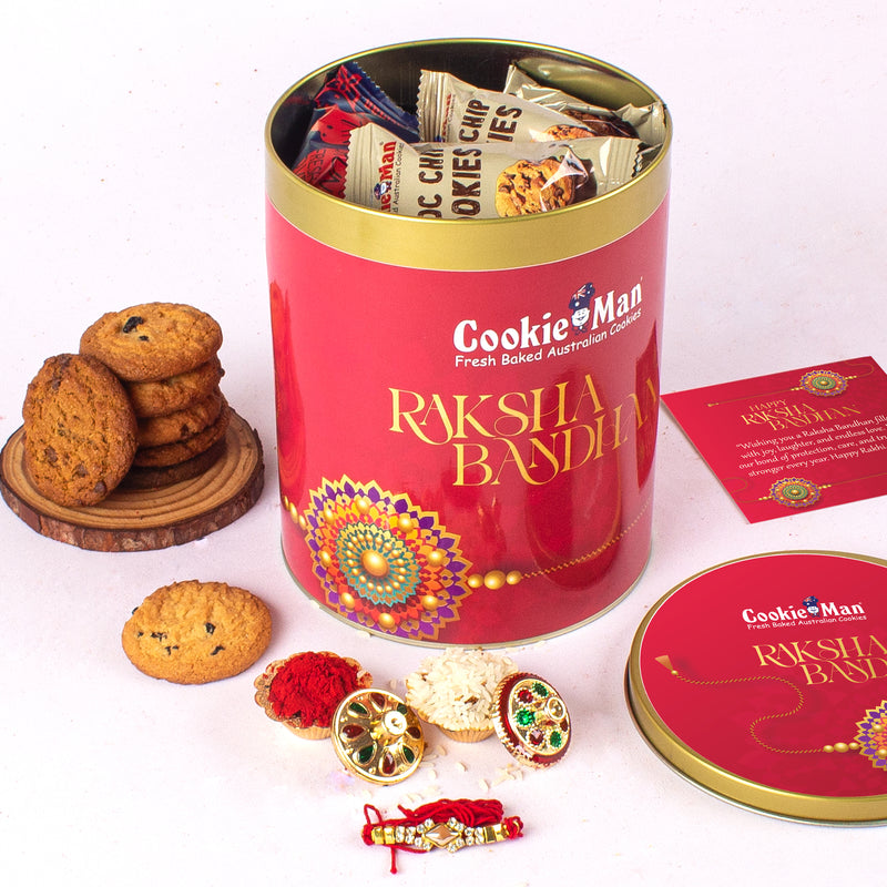 Rakhi Red Gift Tin 600g - Assorted Cookies (5 Flavours) with Rakhi, Roli Tilak Set & Greeting Card