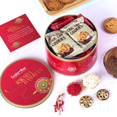 Rakhi Red Gift Tin 300g - Assorted Cookies (5 Flavours) with Rakhi, Roli Tilak Set & Greeting Card