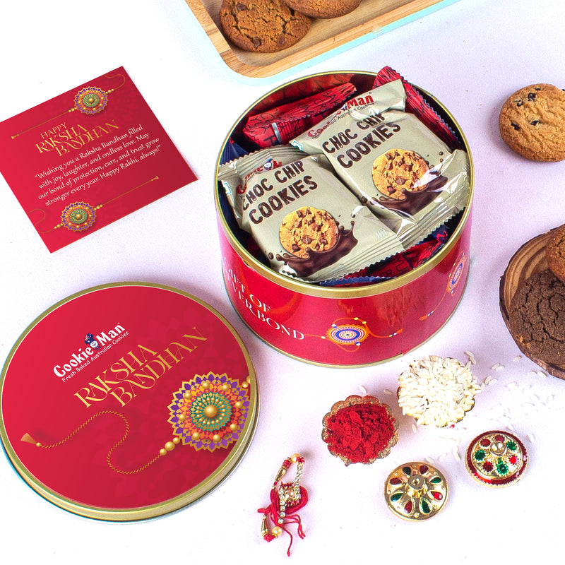 Rakhi Red Gift Tin 300g - Assorted Cookies (5 Flavours) with Rakhi, Roli Tilak Set & Greeting Card
