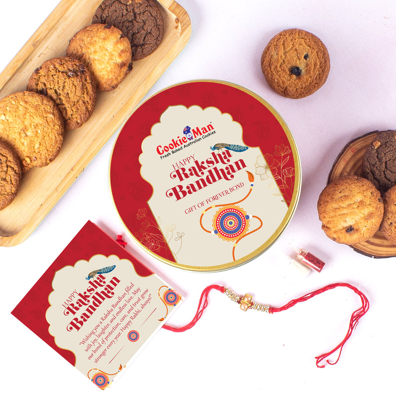 Rakhi Peacock Gift Tin - 300g Assorted Cookies  (5 Flavours) with Rakhi, Roli Tilak Set & Greeting Card