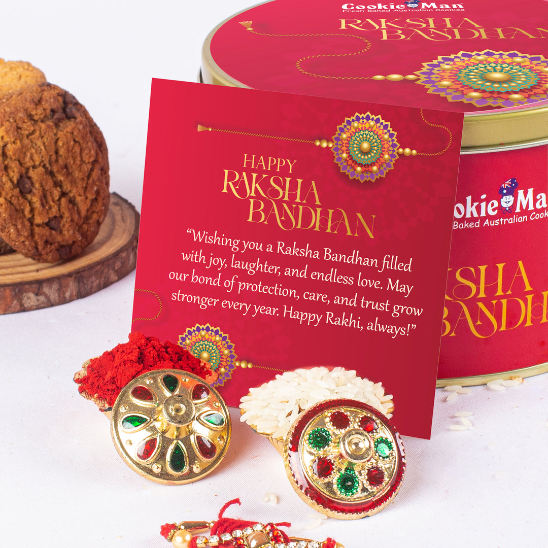 Rakhi Red Gift Tin 300g - Assorted Cookies (5 Flavours) with Rakhi, Roli Tilak Set &amp; Greeting Card