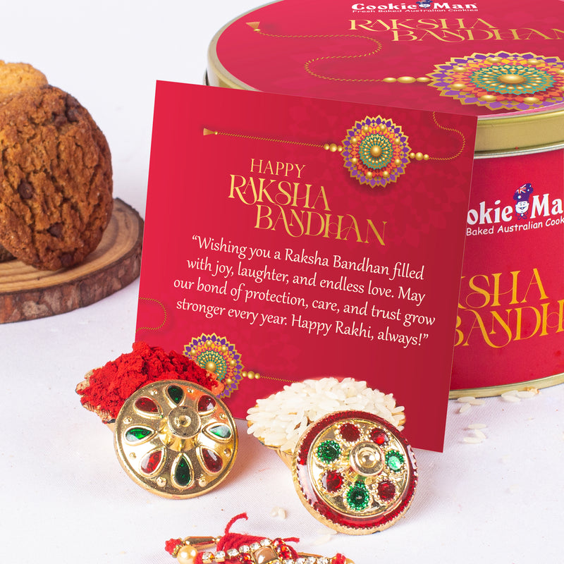 Rakhi Red Gift Tin 300g - Assorted Cookies (5 Flavours) with Rakhi, Roli Tilak Set & Greeting Card