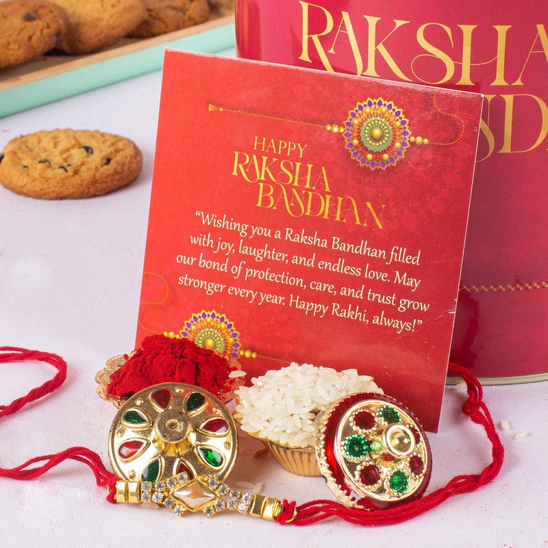 Rakhi Red Gift Tin 600g - Assorted Cookies (5 Flavours) with Rakhi, Roli Tilak Set & Greeting Card