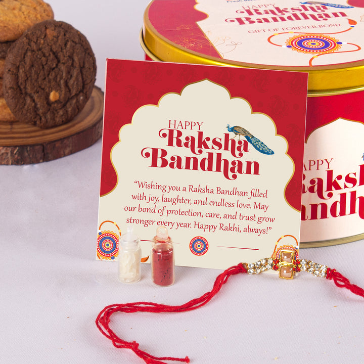 Rakhi Peacock Gift Tin - 300g Assorted Cookies  (5 Flavours) with Rakhi, Roli Tilak Set &amp; Greeting Card