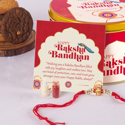 Rakhi Peacock Gift Tin - 300g Assorted Cookies  (5 Flavours) with Rakhi, Roli Tilak Set & Greeting Card