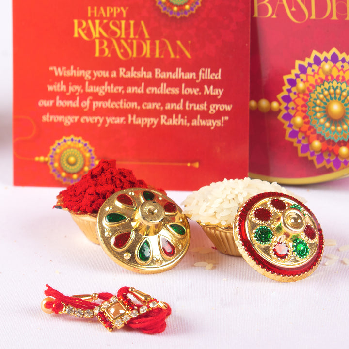 Rakhi Red Gift Tin 300g - Assorted Cookies (5 Flavours) with Rakhi, Roli Tilak Set &amp; Greeting Card