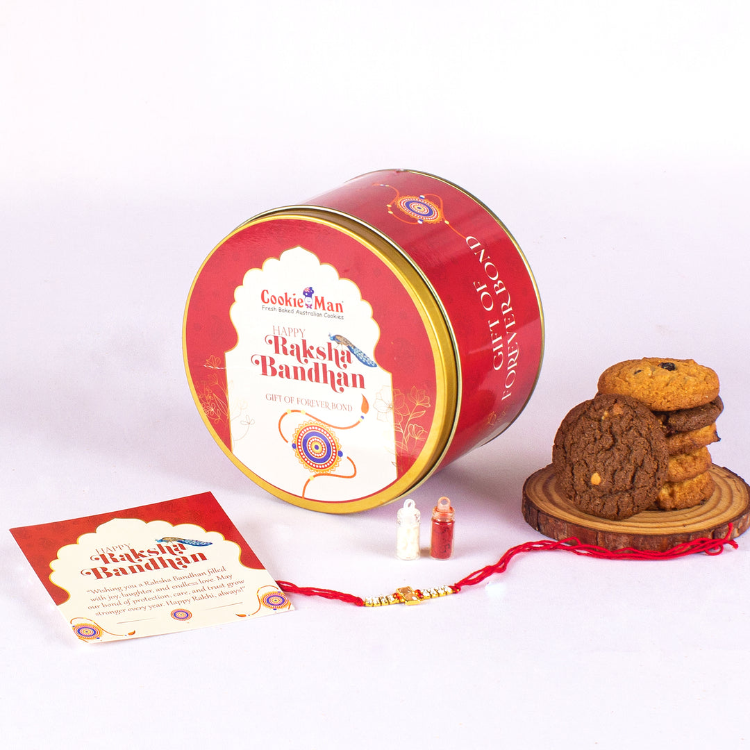 Rakhi Peacock Gift Tin - 300g Assorted Cookies  (5 Flavours) with Rakhi, Roli Tilak Set &amp; Greeting Card