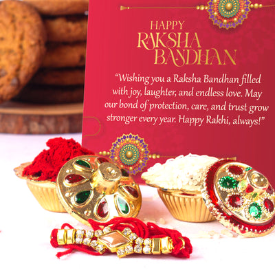 Rakhi Red Gift Tin 600g - Assorted Cookies (5 Flavours) with Rakhi, Roli Tilak Set & Greeting Card