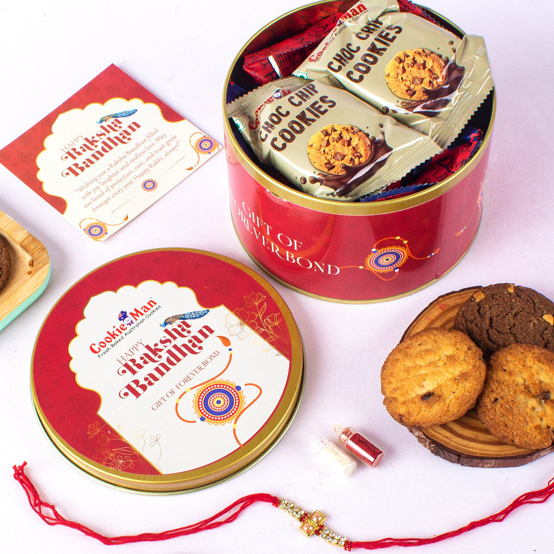 Rakhi Peacock Gift Tin - 300g Assorted Cookies  (5 Flavours) with Rakhi, Roli Tilak Set &amp; Greeting Card
