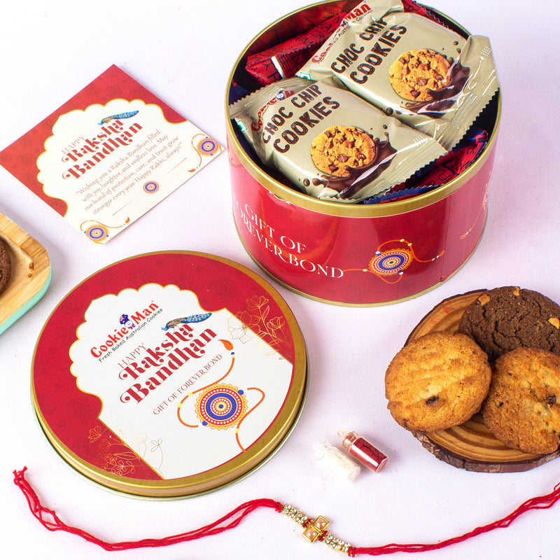 Rakhi Peacock Gift Tin - 300g Assorted Cookies  (5 Flavours) with Rakhi, Roli Tilak Set & Greeting Card