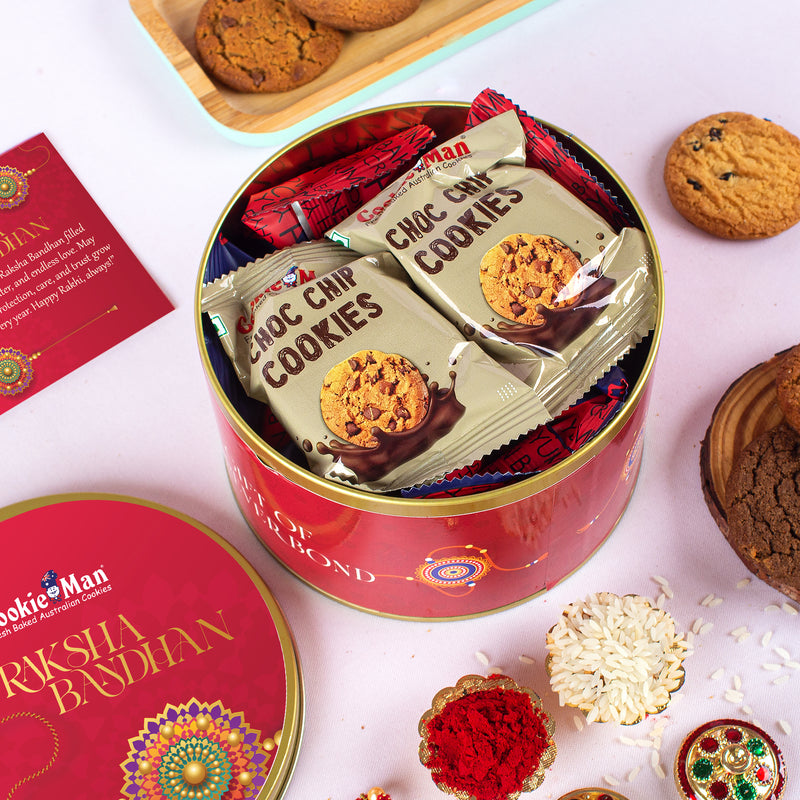 Rakhi Red Gift Tin 300g - Assorted Cookies (5 Flavours) with Rakhi, Roli Tilak Set & Greeting Card