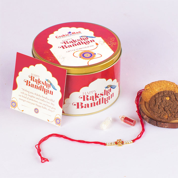 Rakhi Peacock Gift Tin - 300g Assorted Cookies  (5 Flavours) with Rakhi, Roli Tilak Set &amp; Greeting Card