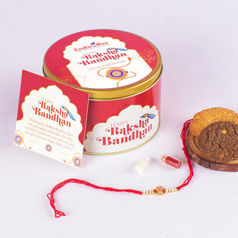 Rakhi Peacock Gift Tin - 300g Assorted Cookies  (5 Flavours) with Rakhi, Roli Tilak Set & Greeting Card