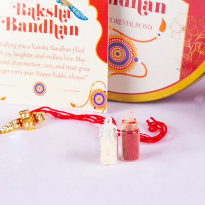 Rakhi Peacock Gift Tin - 300g Assorted Cookies  (5 Flavours) with Rakhi, Roli Tilak Set & Greeting Card